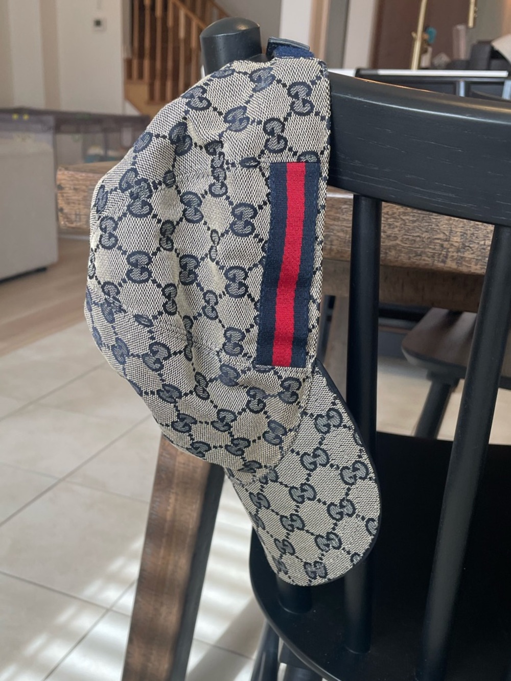 Gucci Beige GG Monogram Baseball Cap with Red and Navy Stripe